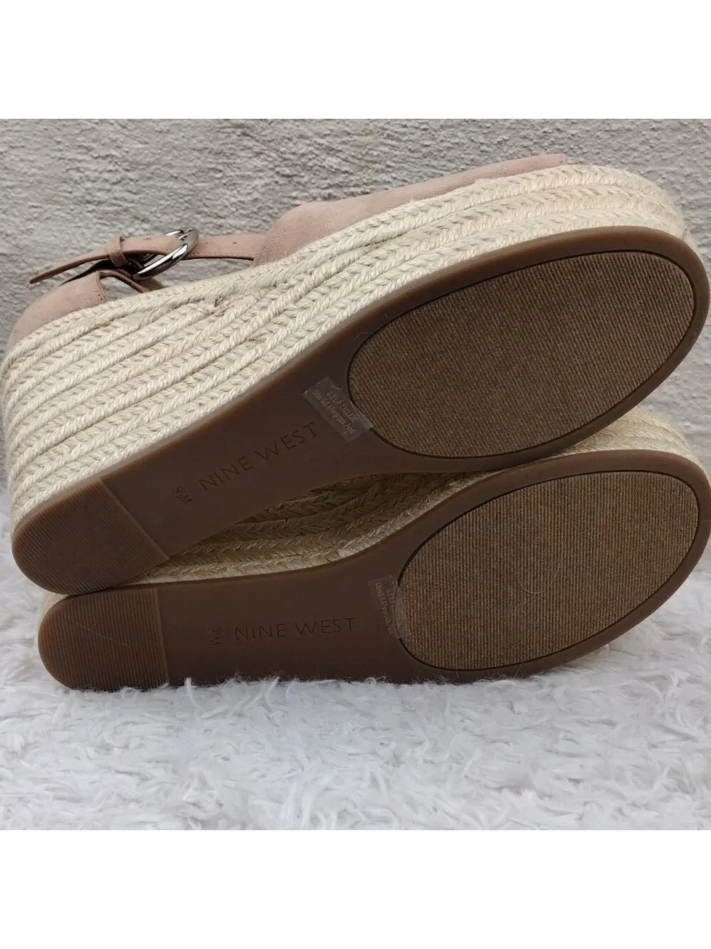 NINE West Adell Pink Faux Suede Open Toe Ankle Strap Platform Wedge Espadrilles
